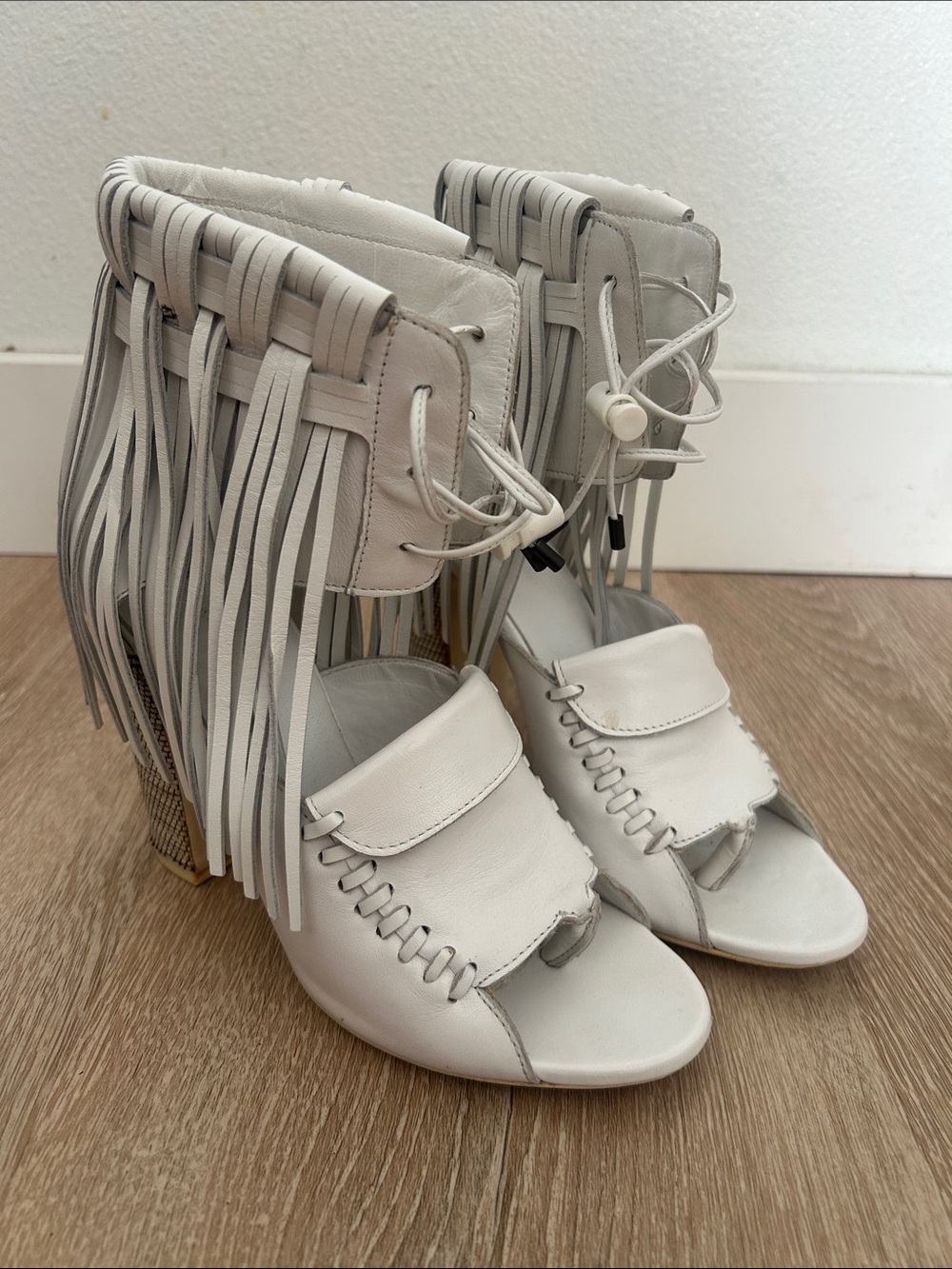 Diesel Black Gold White Fringed Leather Open-Toe Heels